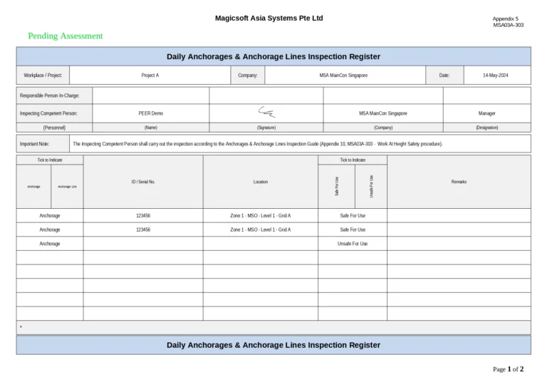 Daily Anchorages & Anchorage Lines Inspection Register