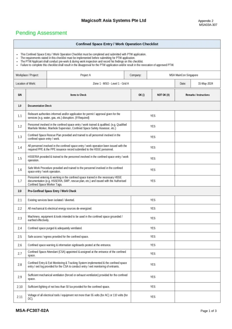 Confined Space Entry/Work Operation Checklist