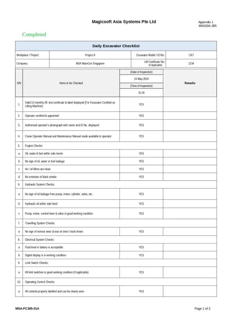 Daily Excavator Checklist