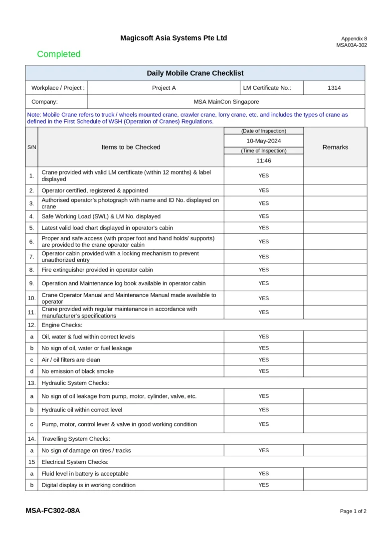 Daily Mobile Crane Checklist
