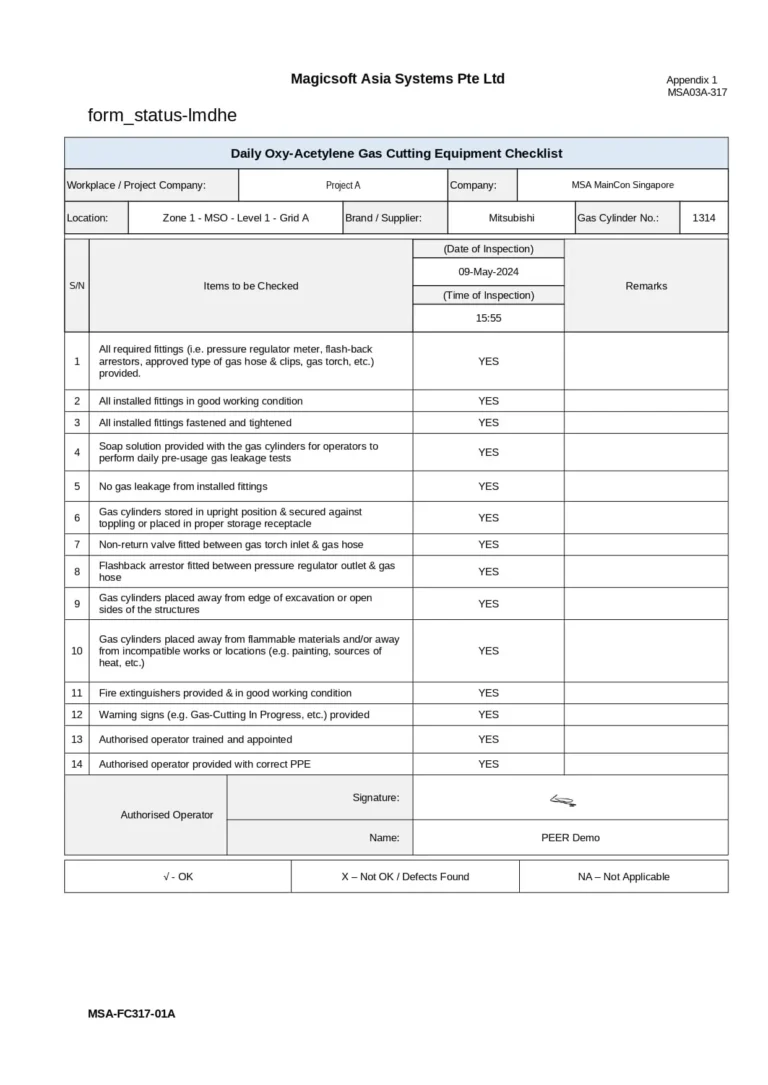 Daily Oxy-Acetylene Gas Cutting Equipment Checklist
