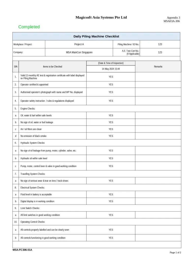 Daily Piling Machine Checklist