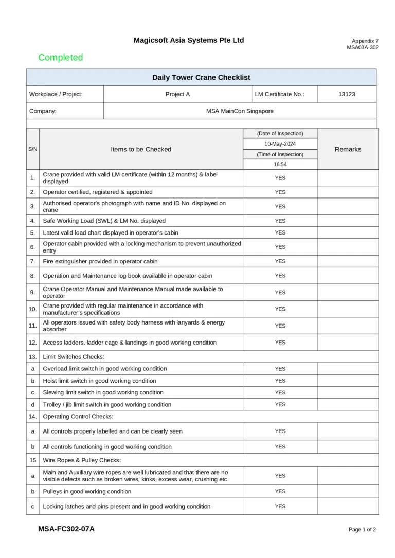 Daily Tower Crane Checklist