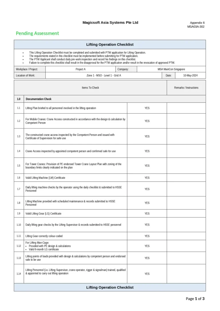 Lifting Operation Checklist