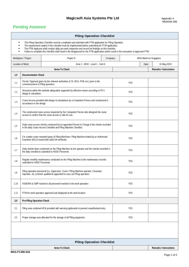 Piling Operation Checklist