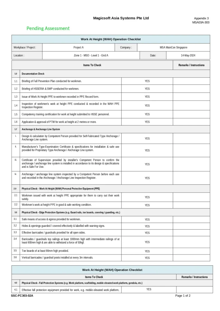 Work At Height (WAH) Operation Checklist