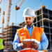 Worker on a construction site holding a digital tablet with e-PTW forms, amidst active machinery and crew.