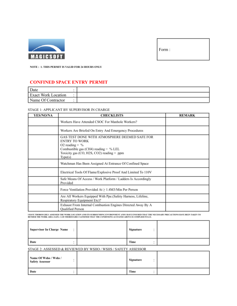Confined Space Checklist – Company D