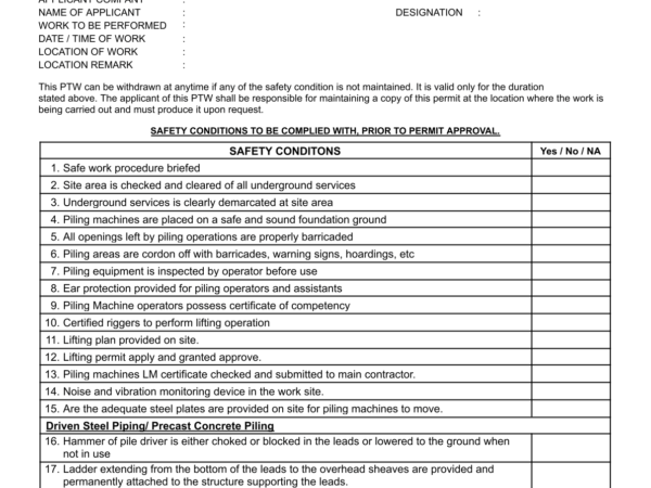 Piling Operation Checklist – Company B