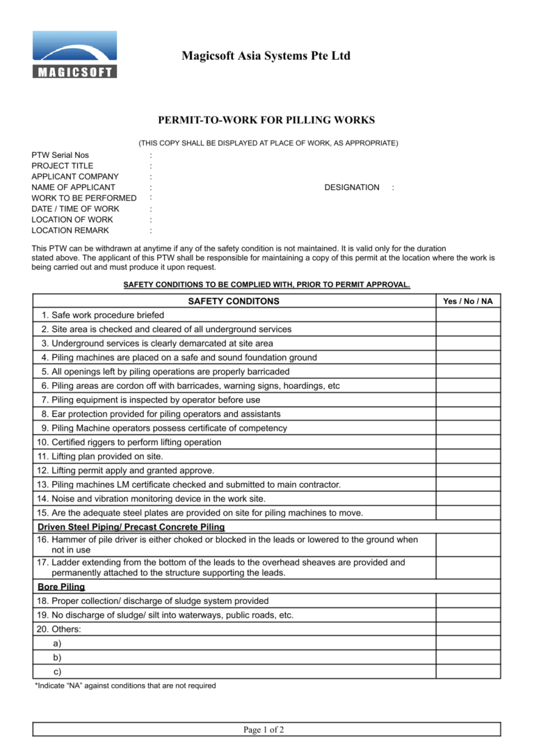 Piling Operation Checklist – Company B