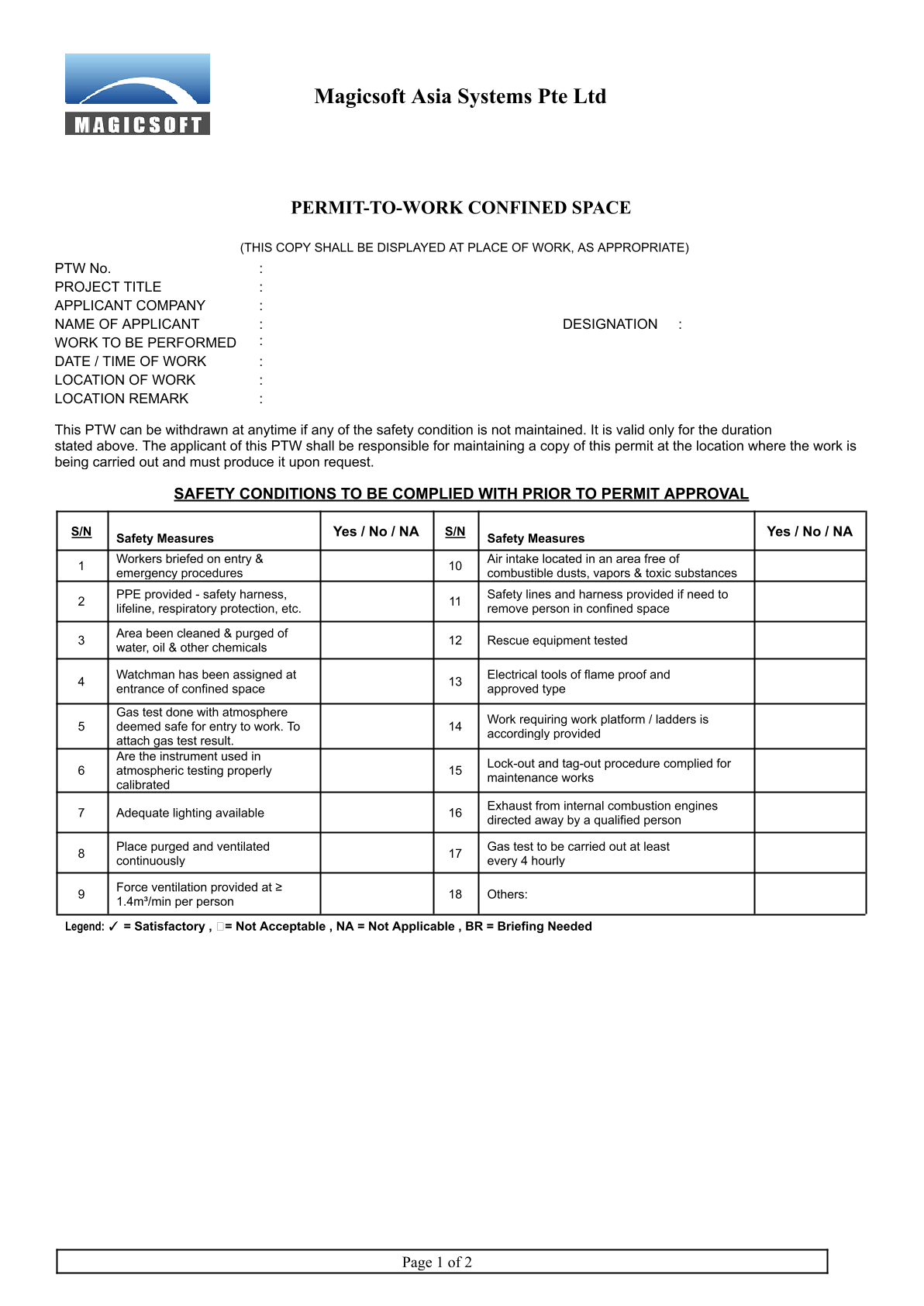 Confined Space PTW – Combined Checklist