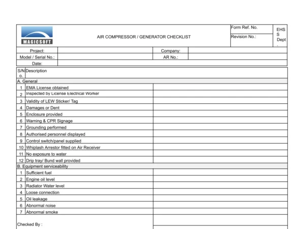 Air Compressor/Generator Checklist