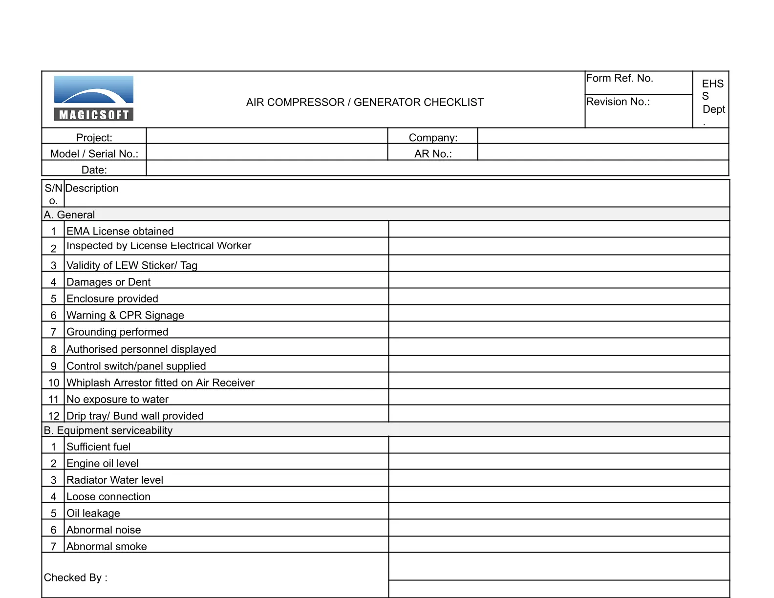 Air Compressor/Generator Checklist