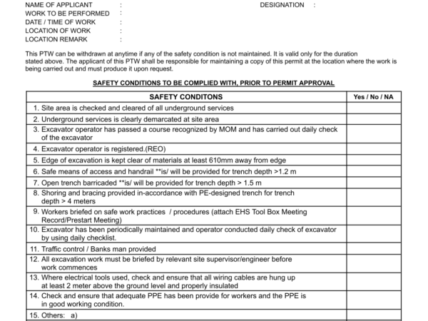 Excavation Checklist  – Company B