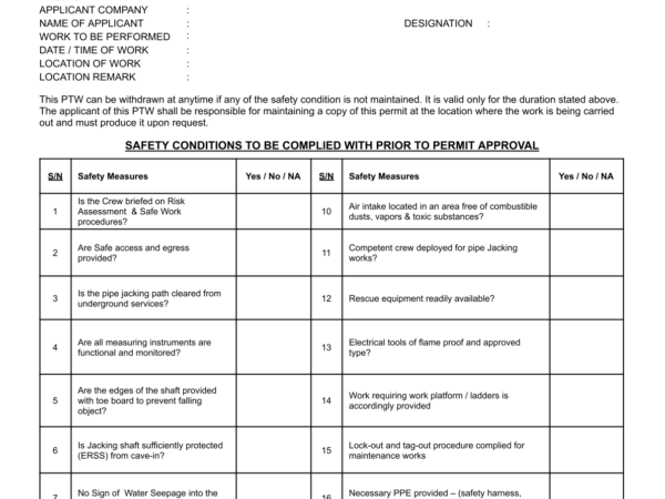 Pipe Jacking Checklist