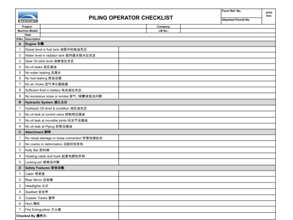 Piling Operator Checklist