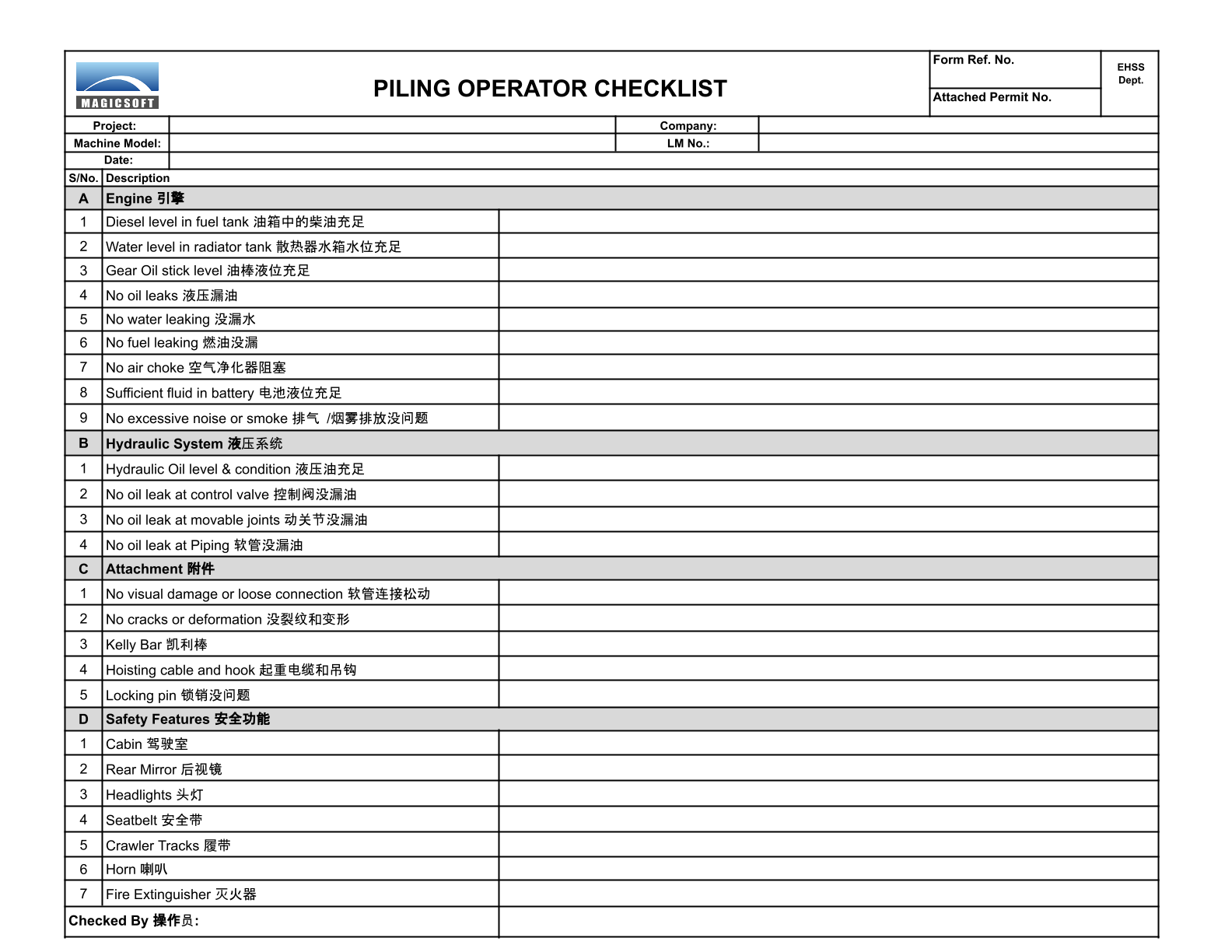 Piling Operator Checklist