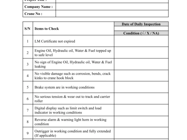 Crawler Mobile Crane Inspection Checklist – Company D