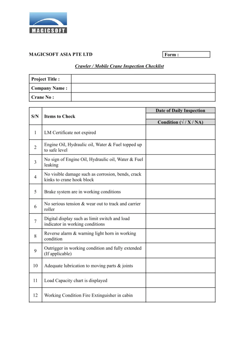 Crawler Mobile Crane Inspection Checklist – Company D