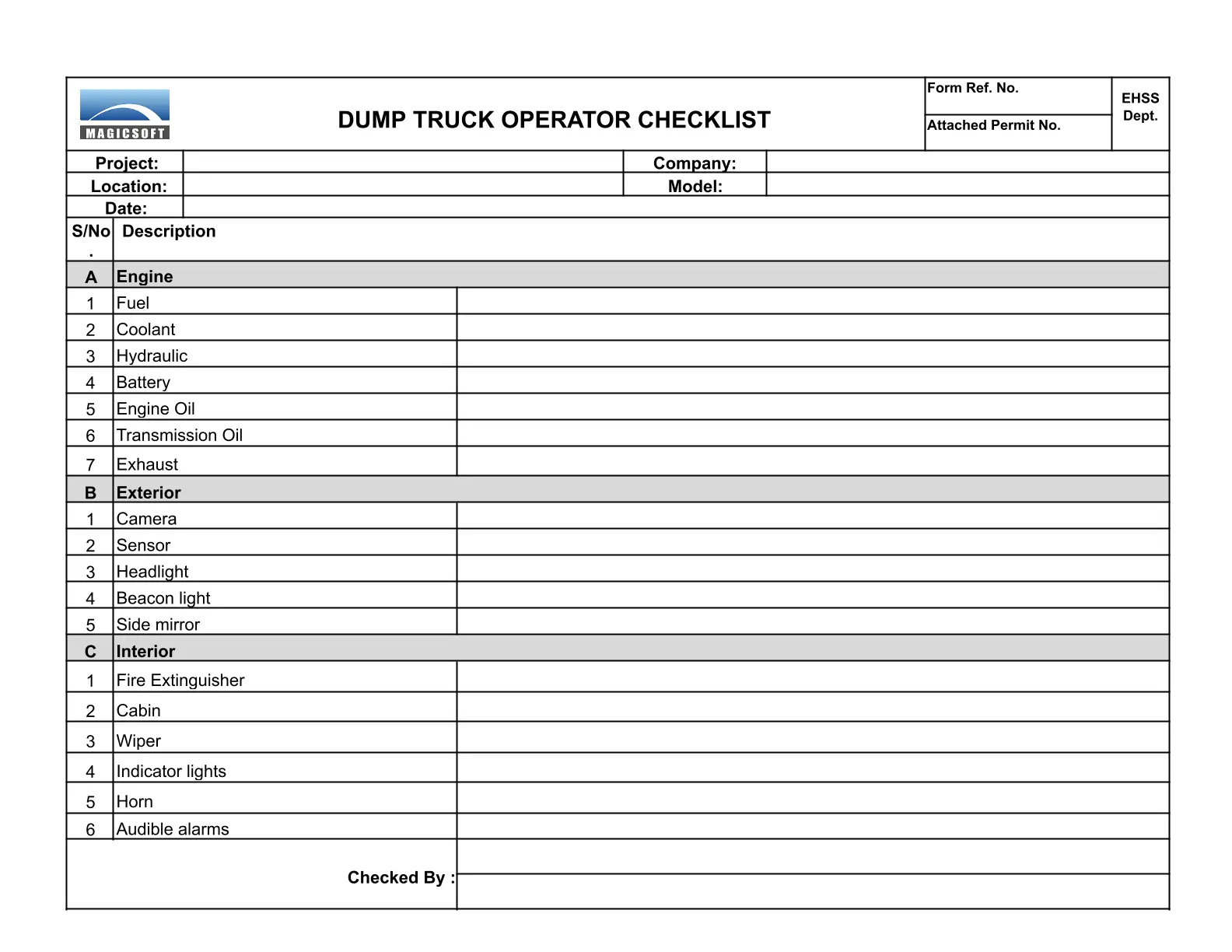 Dump Truck Operator Checklist