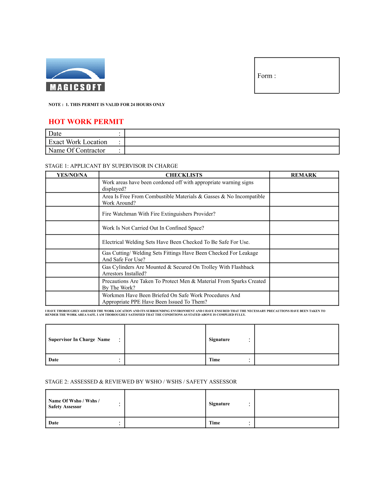 Hot Work Permit Checklist