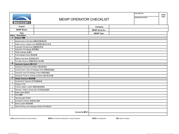 Mobile Elevating Work Platform (MEWP) Operator Checklist