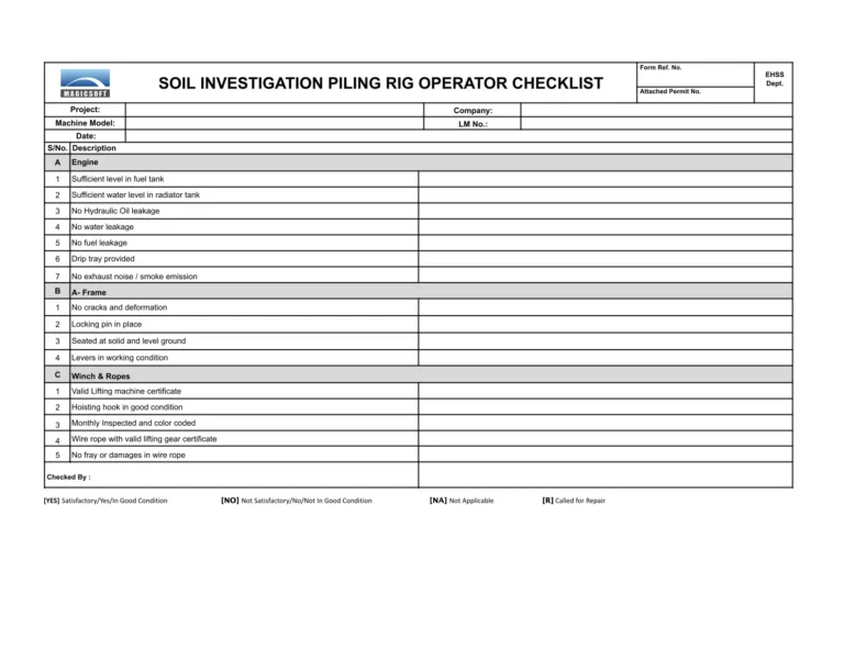 Soil Piling Rig Checklist