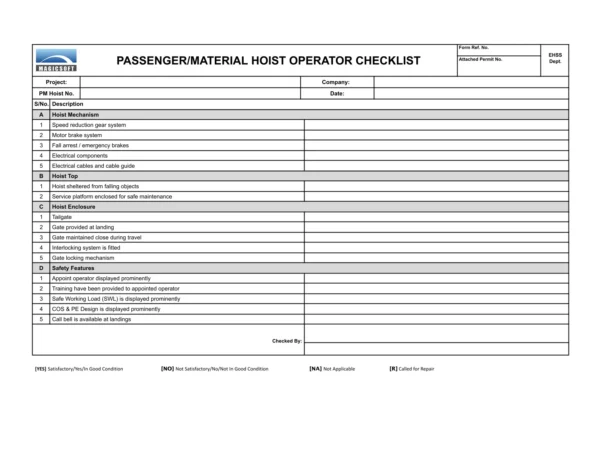 Passenger/Material Hoist Operator Checklist