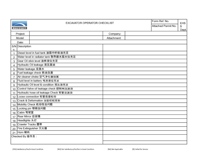 Excavator Operator Checklist – Company C